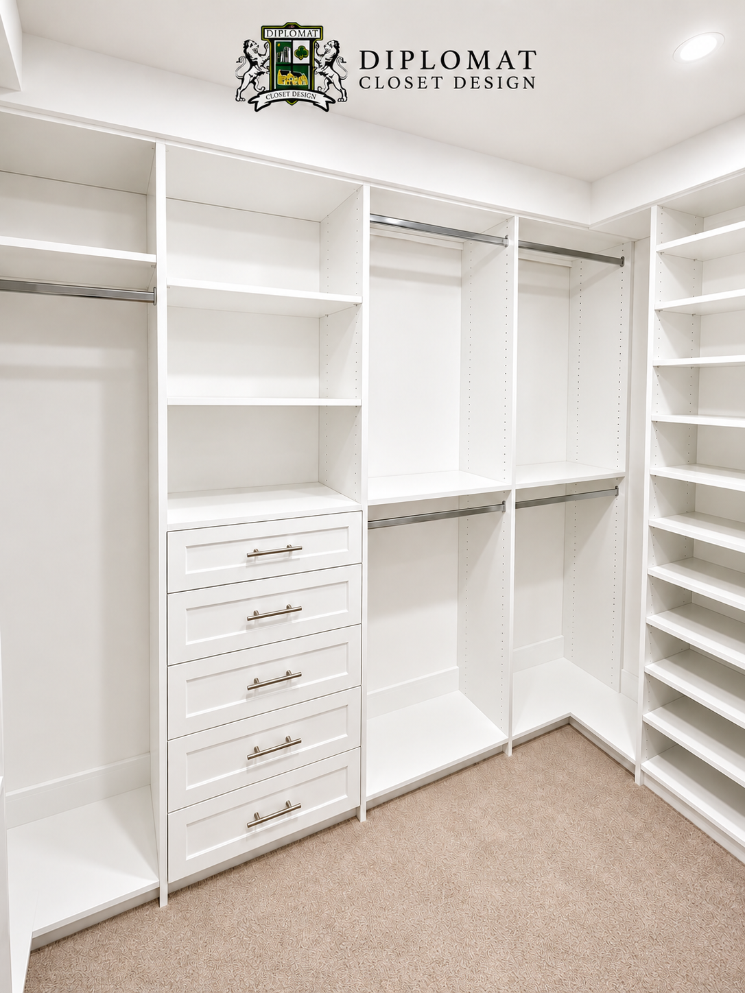 White custom walk-in closet with drawer stack, hanging sections and shoe shelving