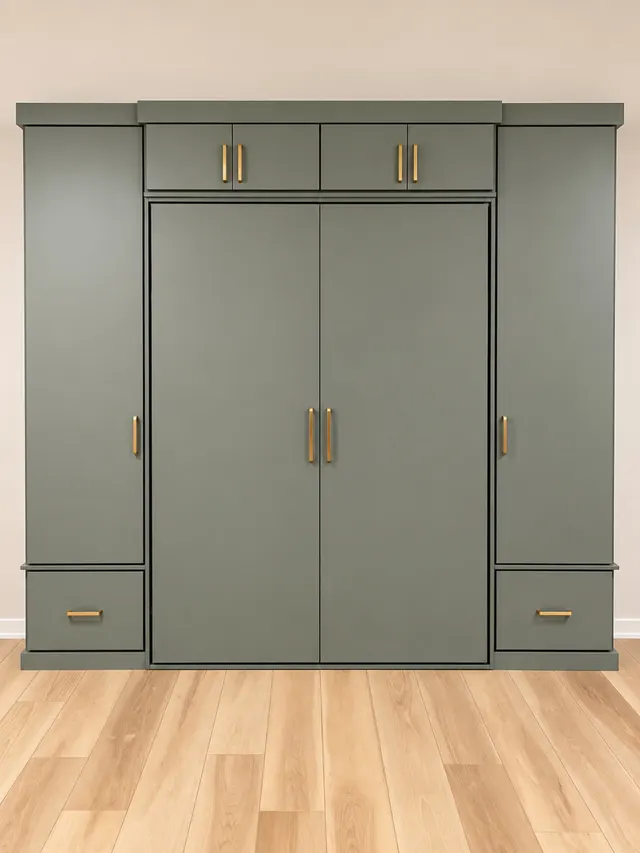 Sage green built-in wardrobe with tall side cabinets, upper cabinets, two drawers and brass pulls