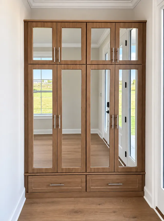Wood-finish built-in wardrobe with eight mirrored doors and two drawers below