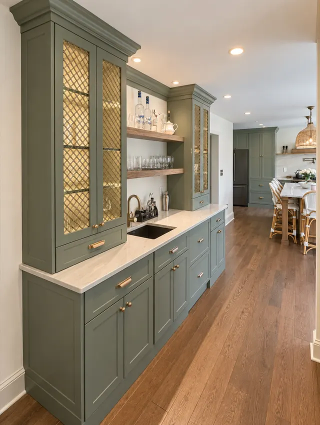Sage green bar cabinetry with brass lattice glass doors, walnut floating shelves, a marble counter and a sink