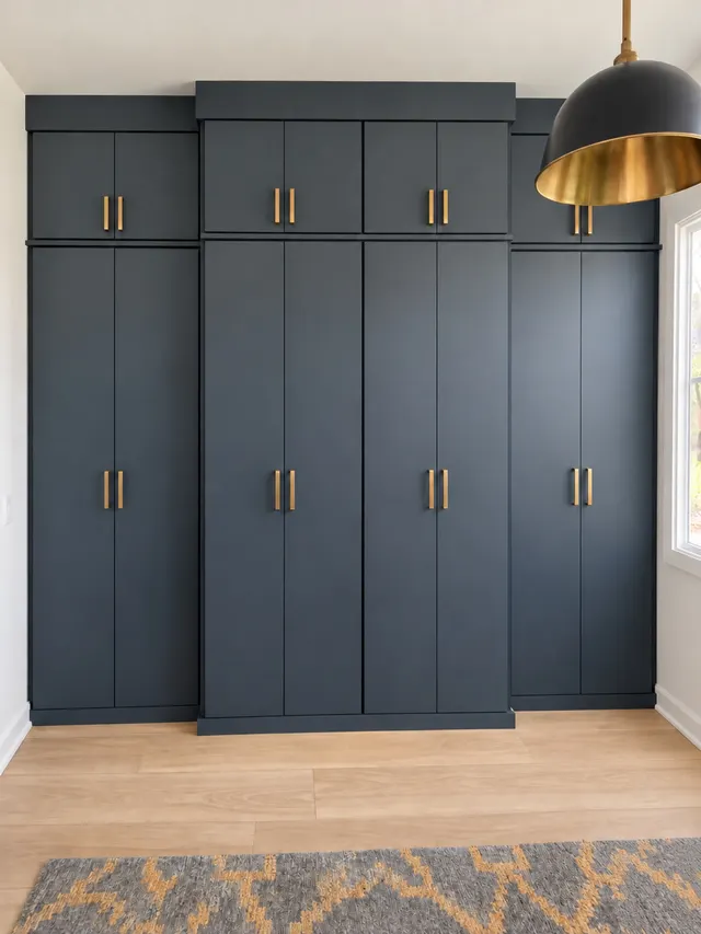 Dark floor-to-ceiling cabinets with flat doors and brass pulls, a black and brass pendant light and a patterned rug
