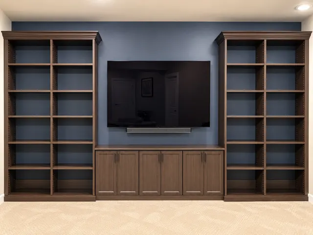 Dark wood media wall with tall open bookcases on each side of a wall-mounted TV over a row of base cabinets