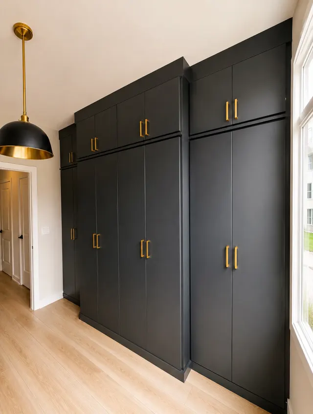 Dark floor-to-ceiling cabinets with flat doors and brass pulls beside a window, with a black and brass pendant light