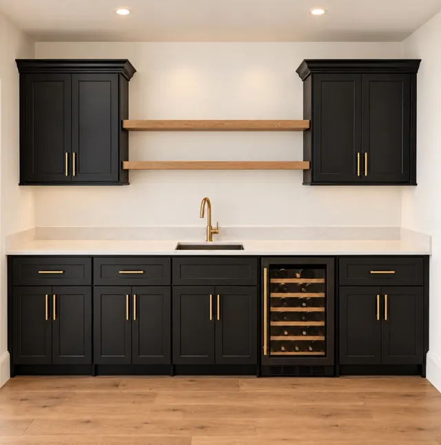 Black shaker bar wall with upper cabinets, wood floating shelves, a light counter, brass faucet and wine fridge