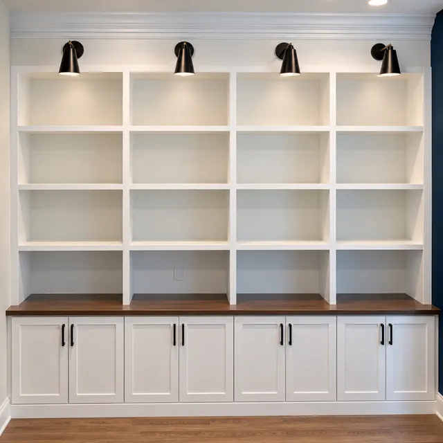 White built-in bookcase wall with black sconces above open shelves and a walnut top over shaker cabinets