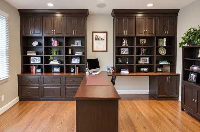 Dark wood office with bookcases under upper cabinets, drawers and a peninsula desk with a computer