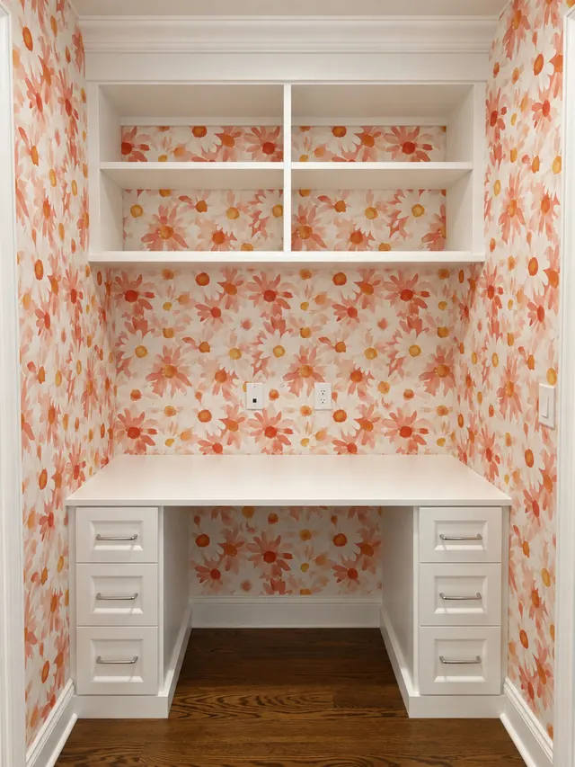 White built-in desk with drawers and open shelves in a floral-papered alcove