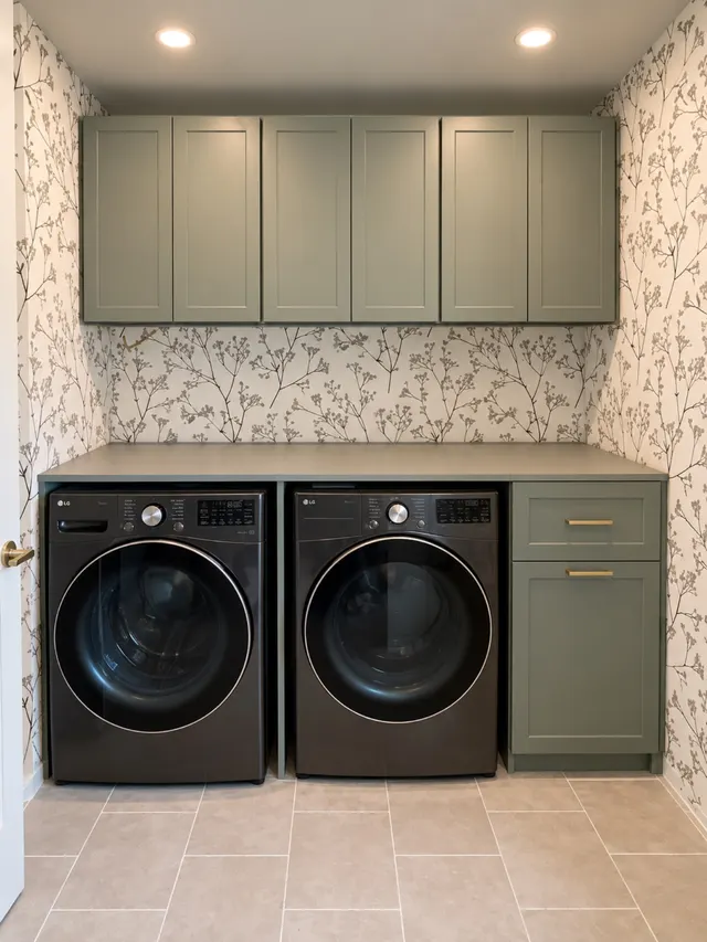 Sage green shaker wall cabinets above a counter over a black front-load washer and dryer, beside a drawer cabinet with brass pulls, against branch-pattern wallpaper
