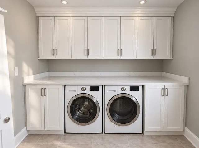 White shaker upper and lower cabinets with brushed nickel pulls around a front-load washer and dryer under a marble-look counter