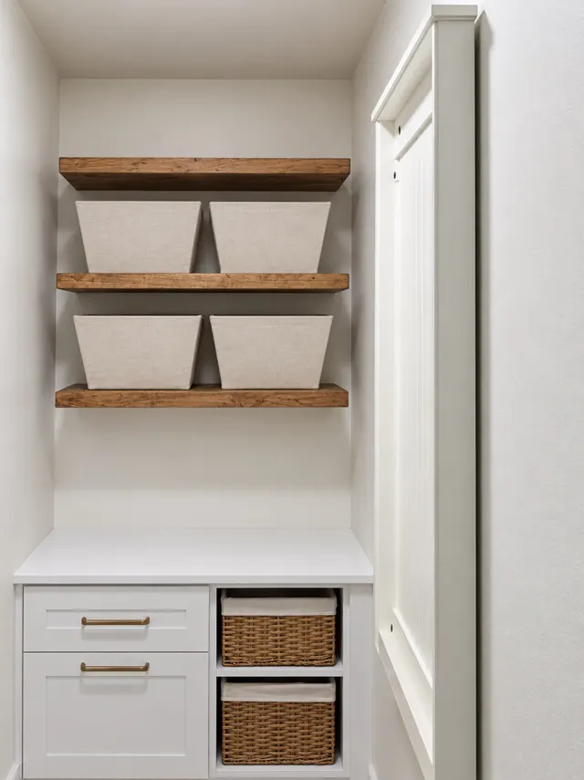 Wood floating shelves with fabric bins above white drawers with brass pulls and wicker baskets, beside a fold-down panel