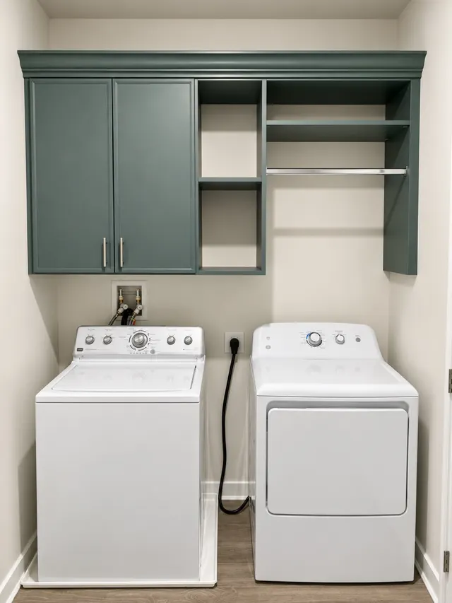 Green wall cabinets with open shelves and a hanging rod above a white washer and dryer