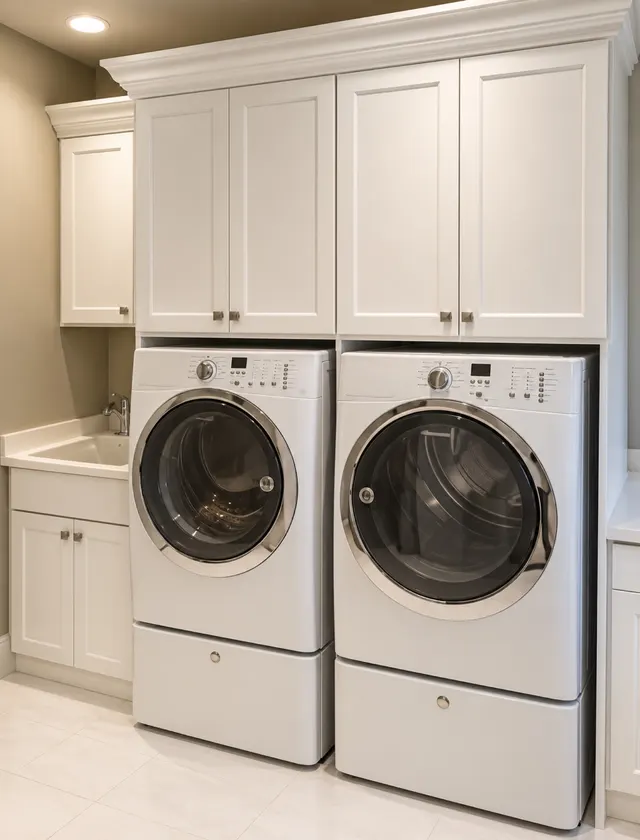 White shaker cabinets above a front-load washer and dryer on pedestals, beside a utility sink cabinet