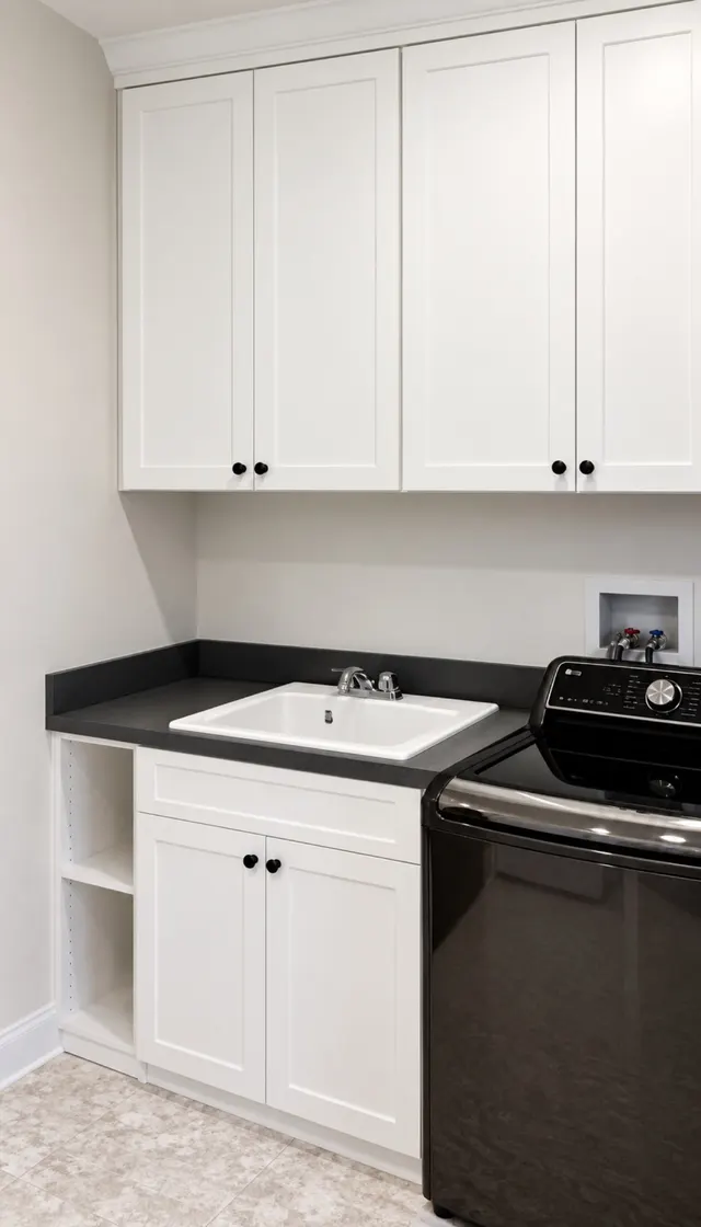 White shaker cabinets with black knobs over a utility sink in a dark counter beside a black washer