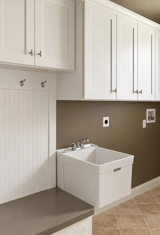 White shaker upper cabinets over a utility sink and a beadboard bench with hooks against a brown wall