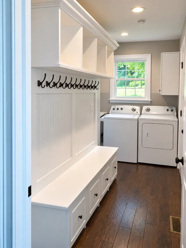 Laundry room with a white beadboard bench, coat hooks and cubbies leading to a washer and dryer under a window