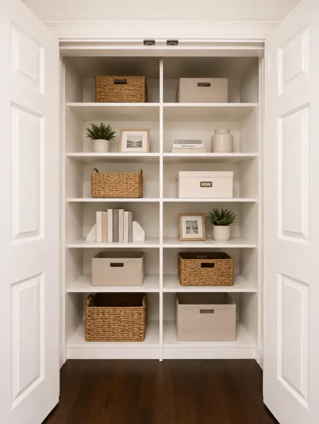Double-door linen closet styled with woven baskets, boxes and plants