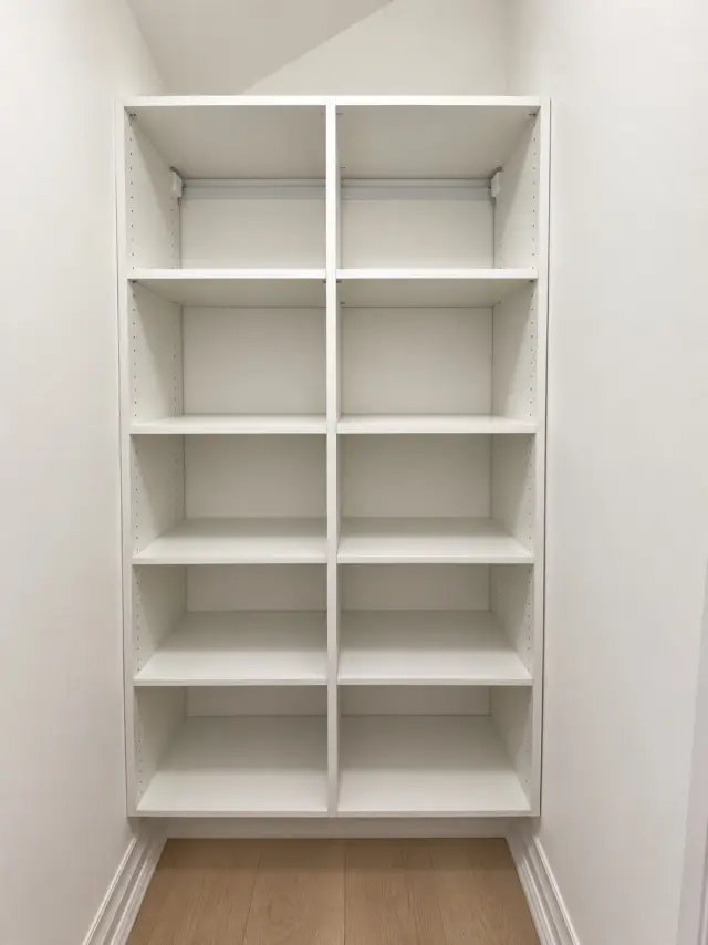 Two columns of white linen shelving in a narrow alcove