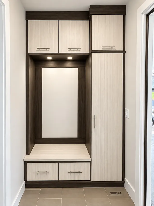 Light wood-grain mudroom locker with dark trim, a lit niche, a bench over two drawers and a tall cabinet