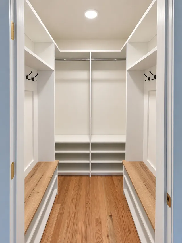 White walk-in mudroom with two wood-top benches over shoe shelves, black double hooks, open cubbies above and a back wall with a hanging rod over shoe shelves