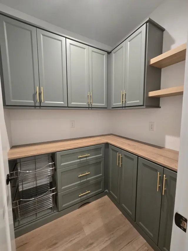 Pantry with sage-green cabinets, wood counter, wire pull-out baskets and open shelves