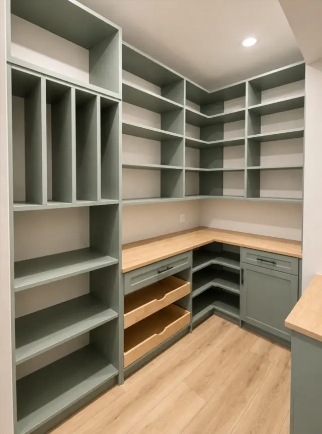 Sage-green pantry with tray dividers, wood counter and corner shelving