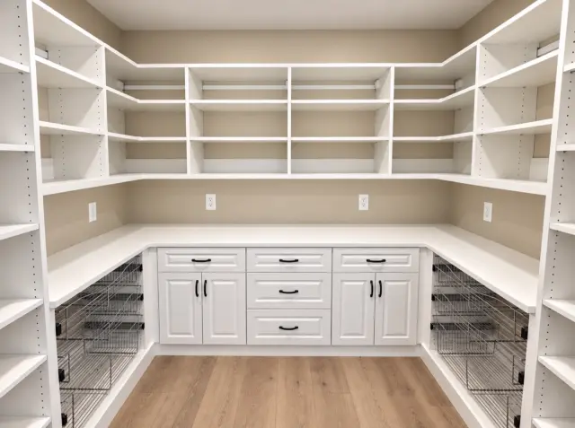 White U-shaped pantry with shelving, drawers and wire baskets