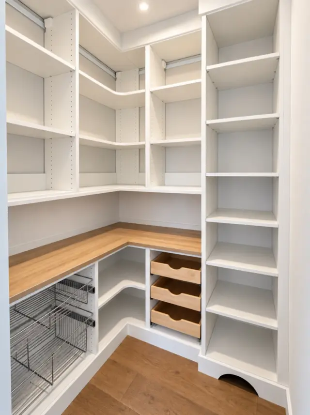 White pantry corner with a wood counter, wire baskets and pull-out trays