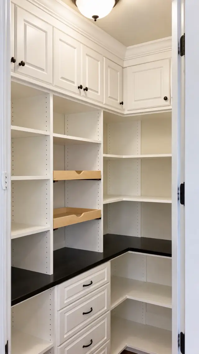 White corner pantry with cabinets, drawers, open shelves and a black counter