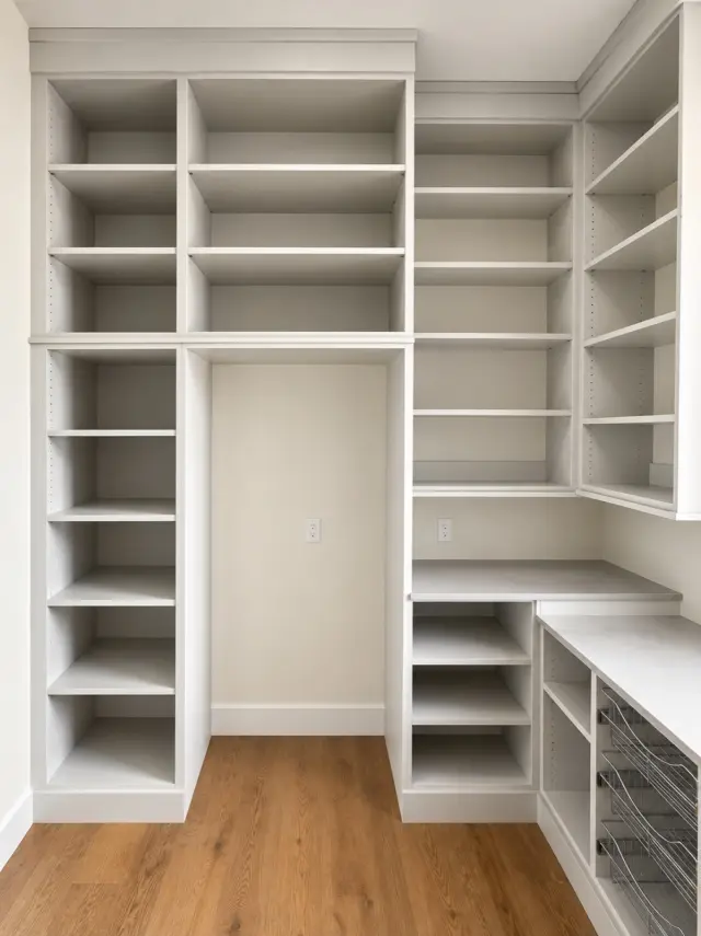 White walk-in pantry with tall shelving, a counter and wire baskets