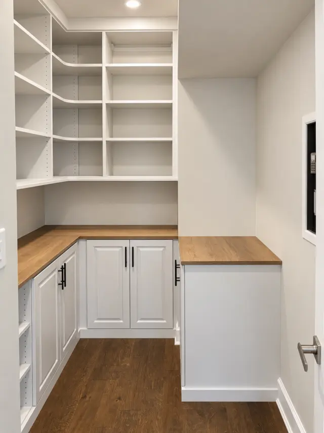 White pantry with corner shelving above cabinets and a wood counter