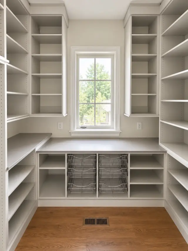White pantry with shelving on three walls and wire baskets below a window