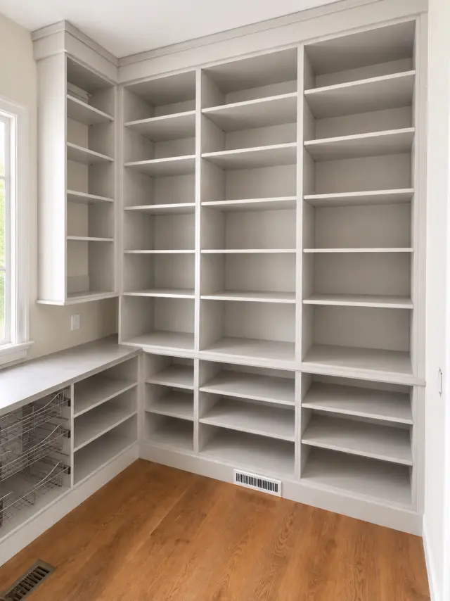 White pantry with floor-to-ceiling shelving and wire pull-out baskets