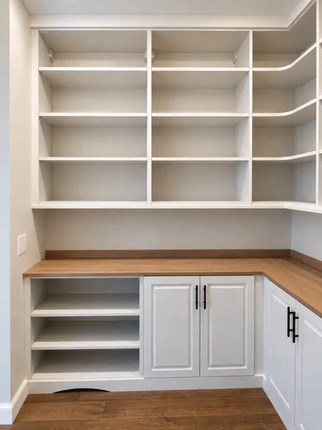 White pantry with open shelving above cabinets and a wood counter