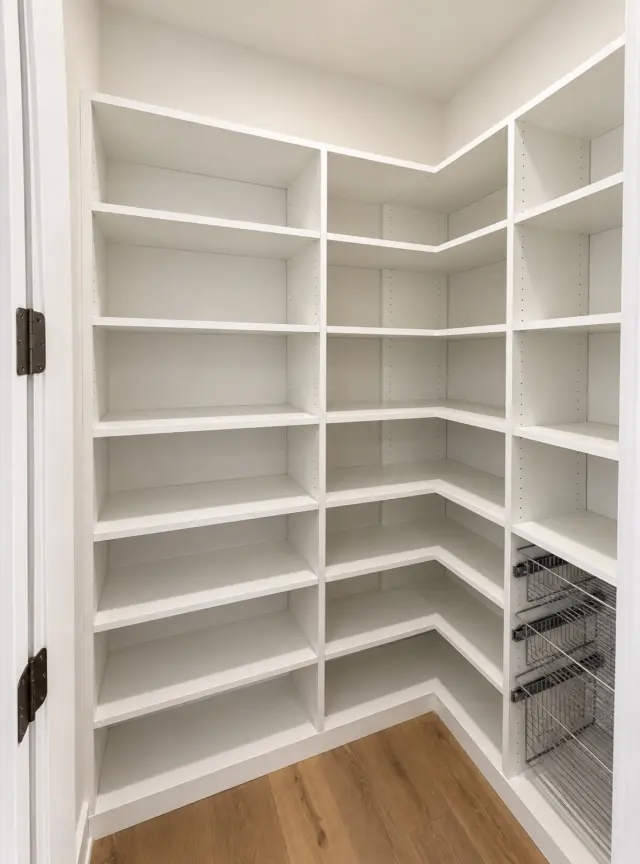 White corner pantry with wraparound shelving and wire baskets