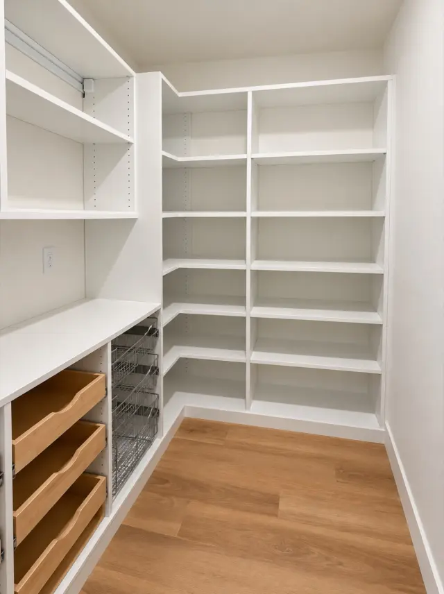 White pantry with shelving and wood pull-out drawers