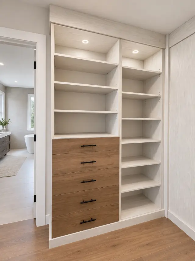 White closet tower with lit shelves above a wood-front drawer stack