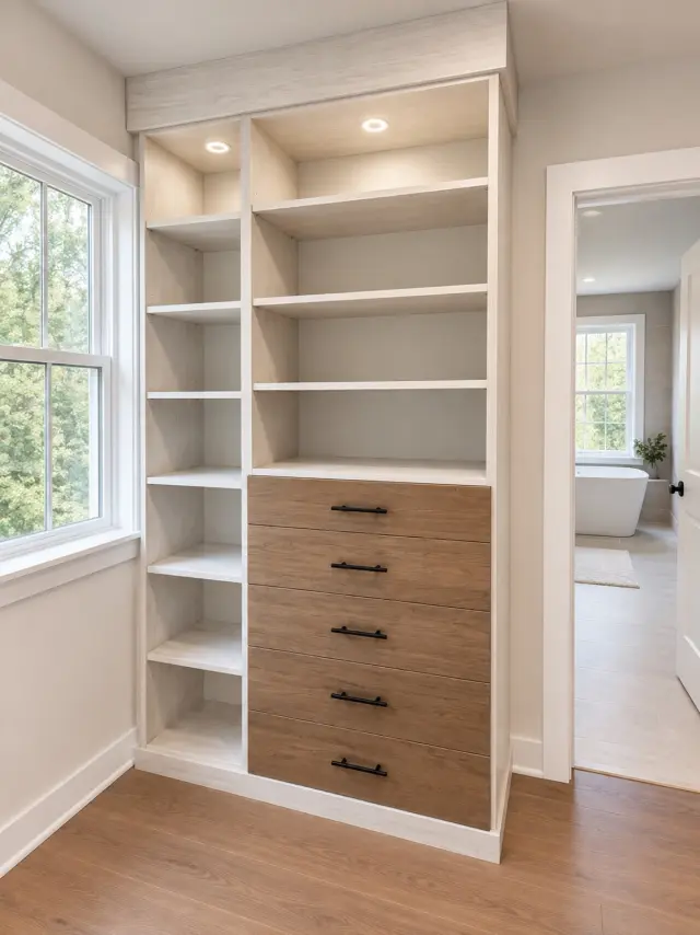 White lit shelving and wood-front drawers beside a window