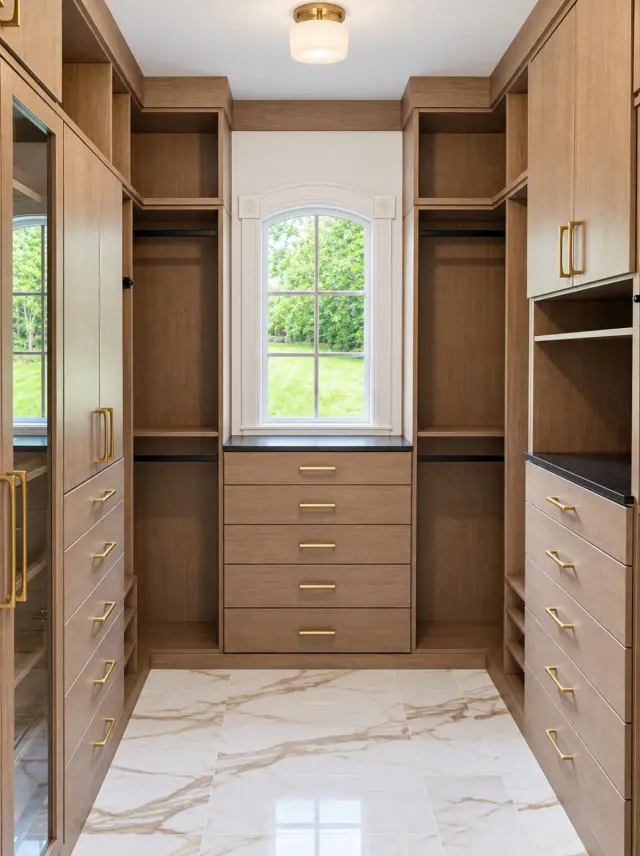 Oak closet with drawers beneath an arched window and hanging on both sides