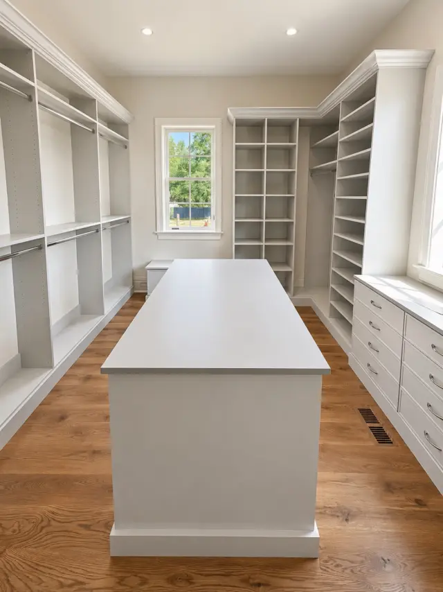 Long white walk-in closet with a center island and shelving on both walls