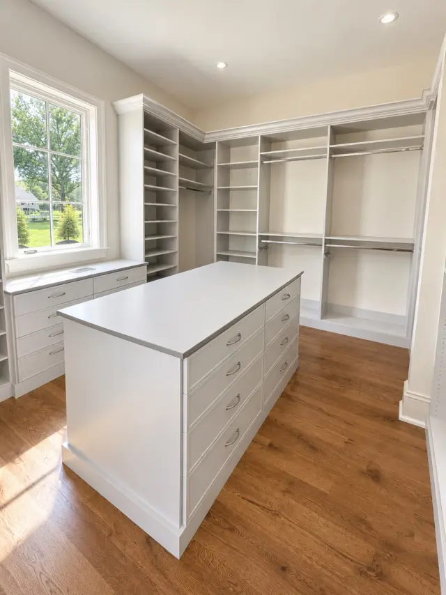 White walk-in closet with a drawer island, wall hanging and a window