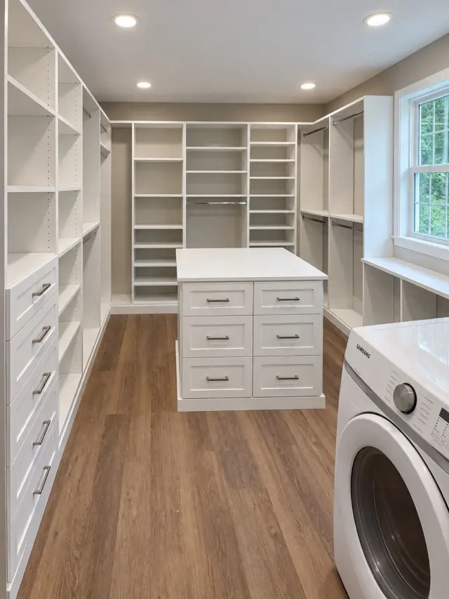 White walk-in closet with a drawer island, wall shelving and a washer by the window