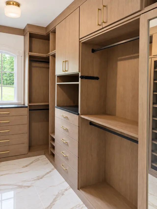 Oak closet with open hanging, shelves and drawers on a marble floor