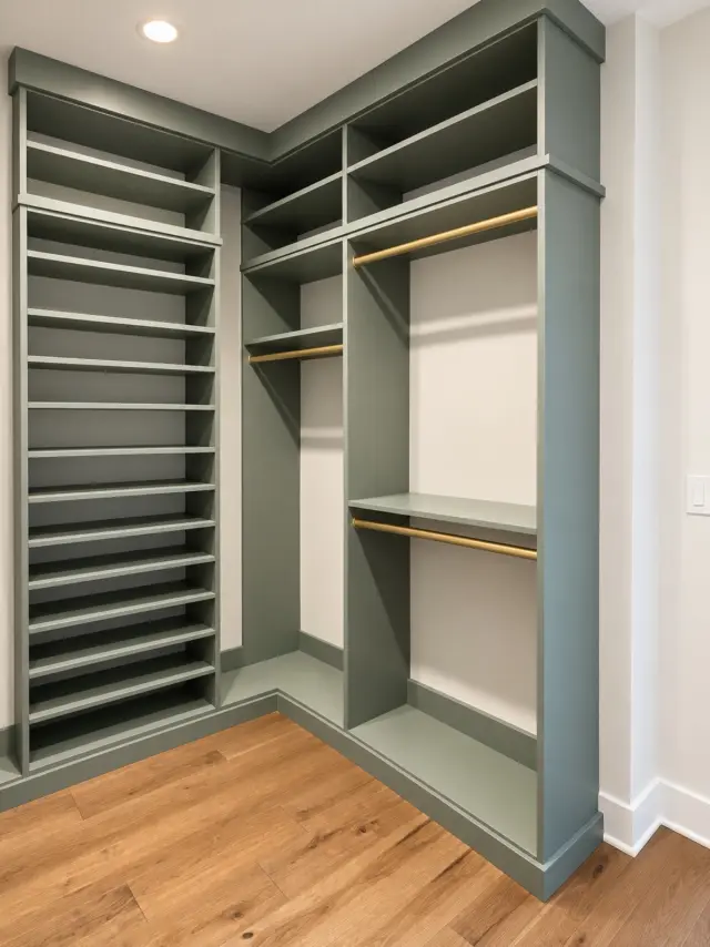 Sage-green walk-in closet with shoe shelving and brass hanging rods