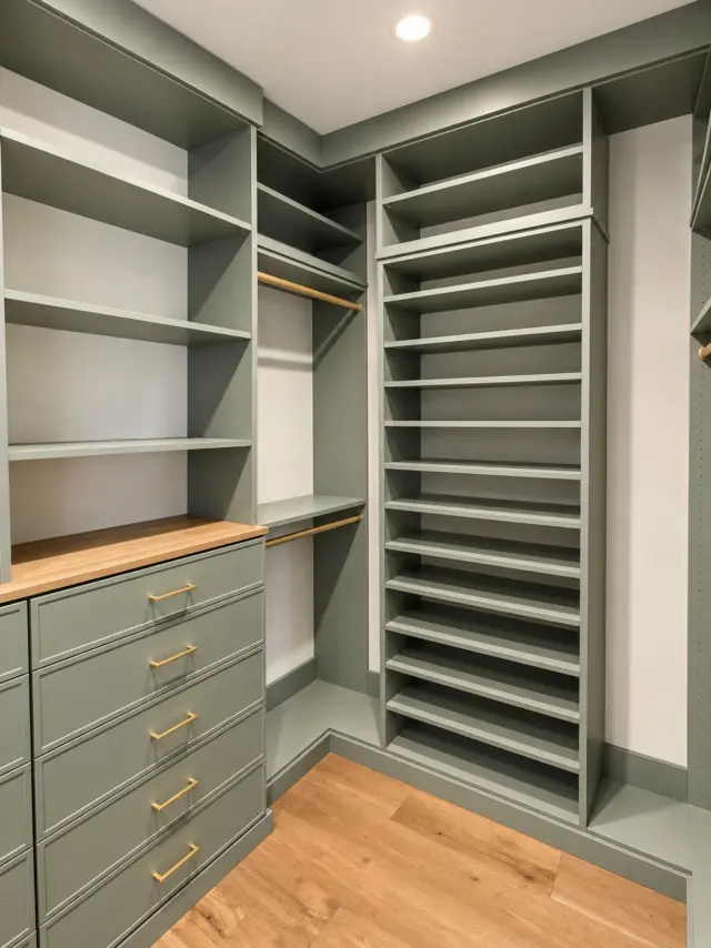 Sage-green closet with a drawer stack, wood top and shoe shelving