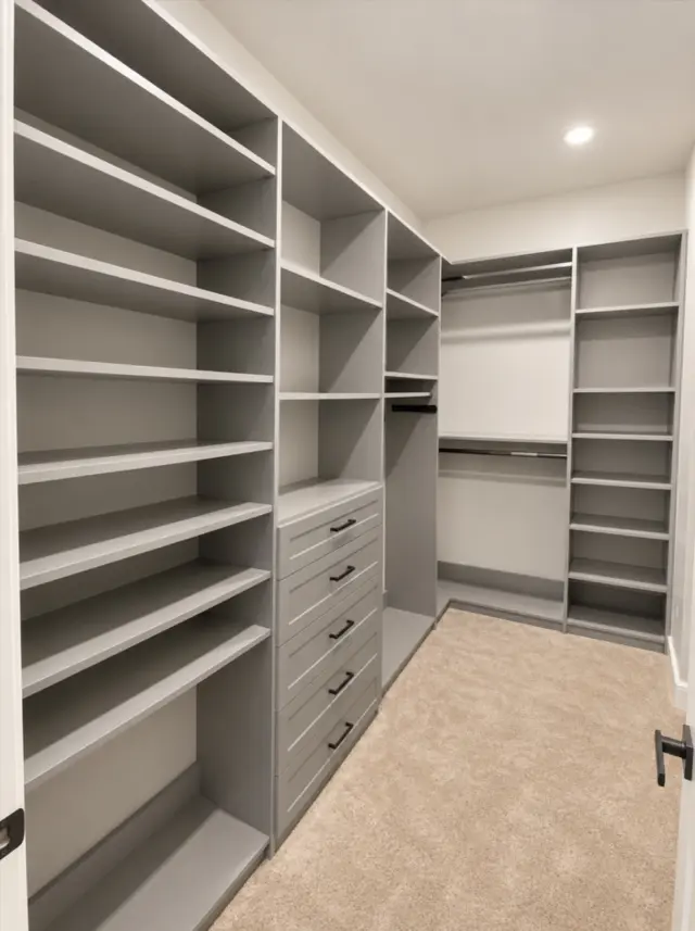 Gray walk-in closet with shelving on three walls and a drawer stack