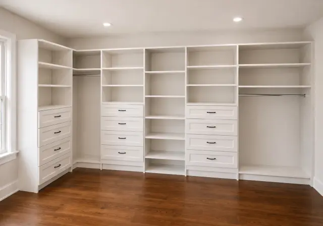 White walk-in closet with drawer stacks, shelving and hanging along the wall