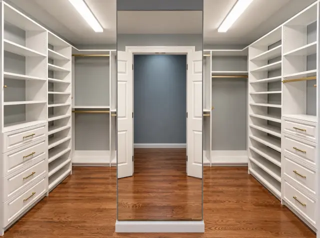 White walk-in closet with shelving on both walls and a mirror at the end