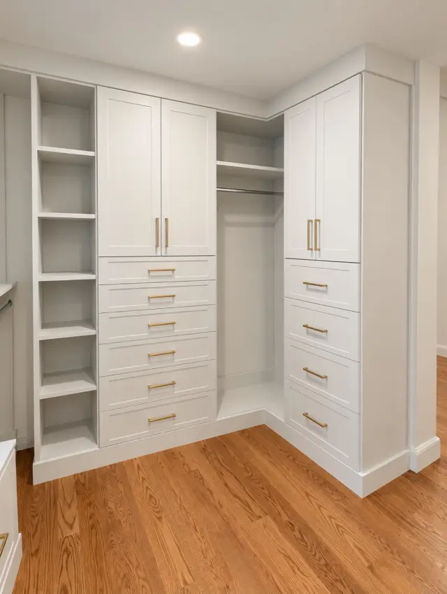 White closet corner with cabinets, drawers, shelving and hanging