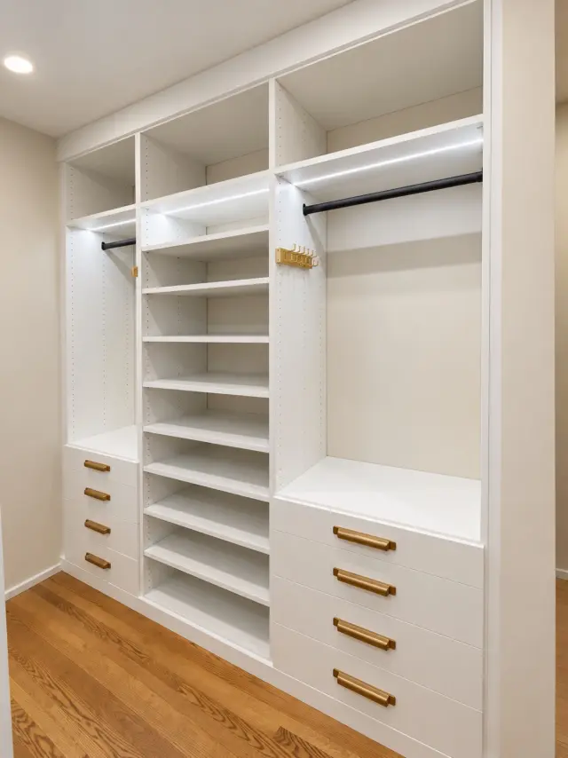 White closet with three columns of hanging, shelves and drawers with brass pulls