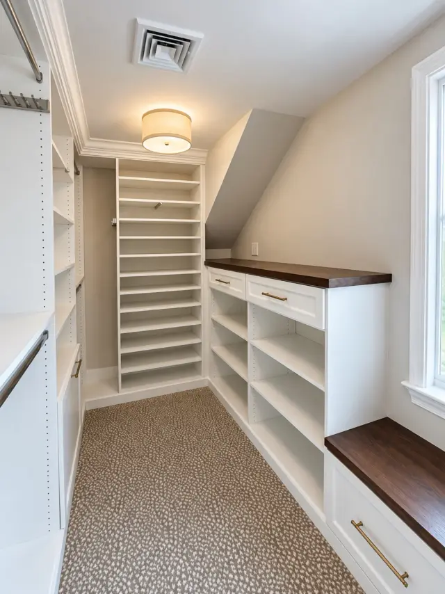 White closet under a sloped ceiling with shoe shelving and a dark wood bench top